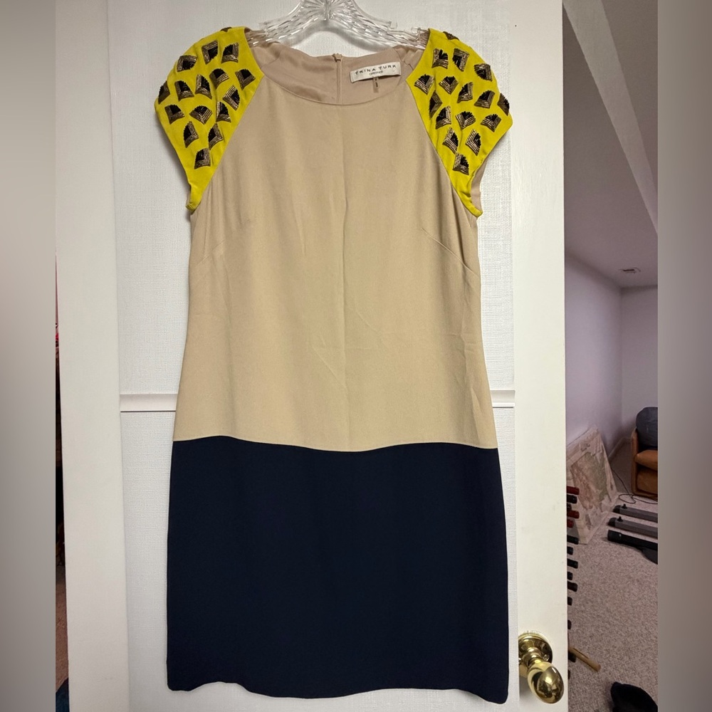 Trina Turk Beige and Navy Dress with Yellow Sleeves